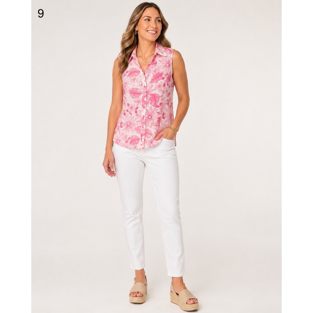 Carole Little Button Front Sleeveless Top Women XL White Pink Linen Floral Print